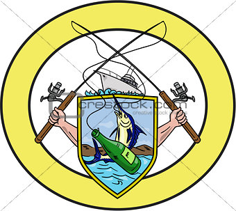 Fishing Rod Reel Blue Marlin Beer Bottle Coat of Arms Oval Drawing