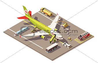 Vector isometric low poly airport apron with airplane, Ground Support Equipment and vehicles