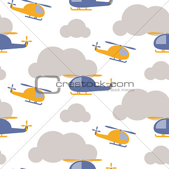 Cartoon helicopter in sky seamless vector pattern.