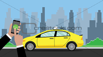 online booking taxi hand holding smartphone to book with taxi on the way as background vector graphic