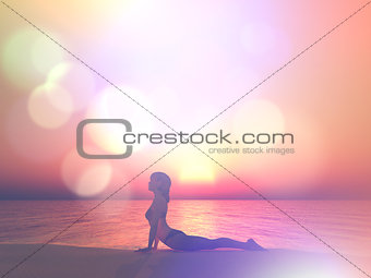 3D render of female in yoga pose against sunset ocean