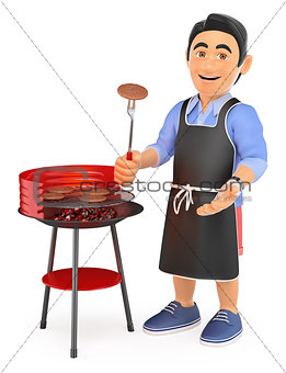 3D Young man in shorts cooking on a barbecue