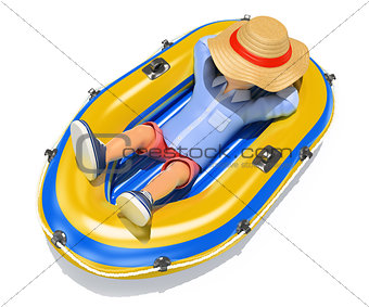 3D Man in shorts sleeping on an inflatable boat