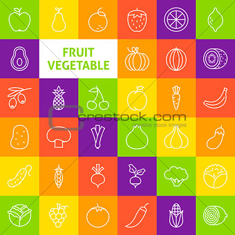 Vector Line Art Fruit Vegetable Icons Set