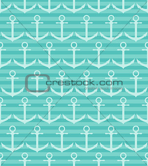 Seamless pattern with anchor on blue striped background.