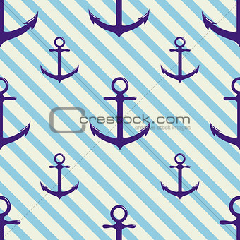 Seamless pattern with anchor on background and diagonal stripes.