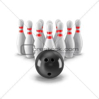 Pins with bowling ball on front side. 3D rendering