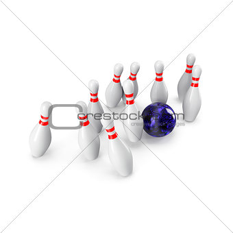 Bowling Ball crashing into the pins. 3D rendering
