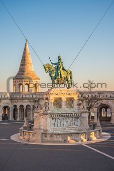 Saint Stefan Statue in Budapest, Hungary in Sunrise
