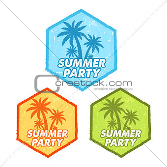 summer party with palms sign, grunge flat design hexagons labels