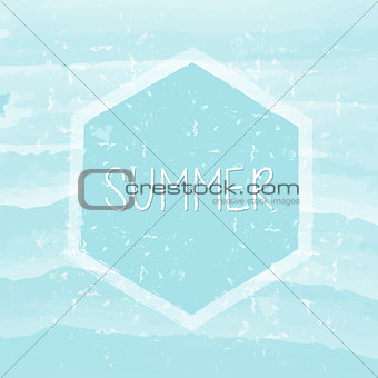 summer in hexagon frame over blue waves, grunge drawn label