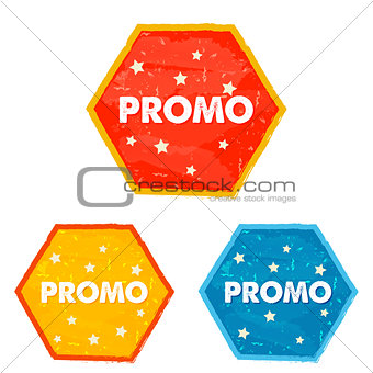 promo and stars, grunge flat design hexagons labels