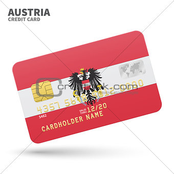 Credit card with Austria flag background for bank, presentations and business. Isolated on white