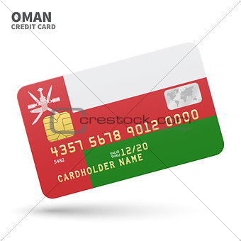 Credit card with Oman flag background for bank, presentations and business. Isolated on white