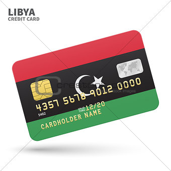 Credit card with Libya flag background for bank, presentations and business. Isolated on white