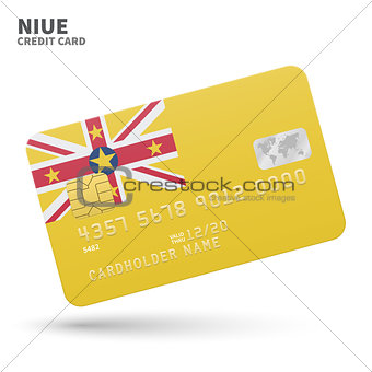 Credit card with Niue flag background for bank, presentations and business. Isolated on white