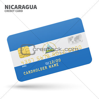 Credit card with Nicaragua flag background for bank, presentations and business. Isolated on white