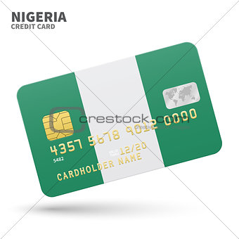 Credit card with Nigeria flag background for bank, presentations and business. Isolated on white
