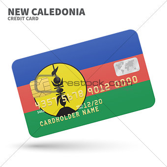 Credit card with New Caledonia flag background for bank, presentations and business. Isolated on white