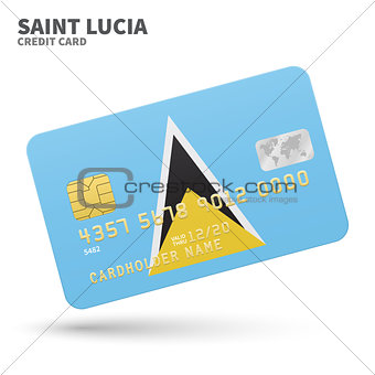 Credit card with Saint Lucia flag background for bank, presentations and business. Isolated on white