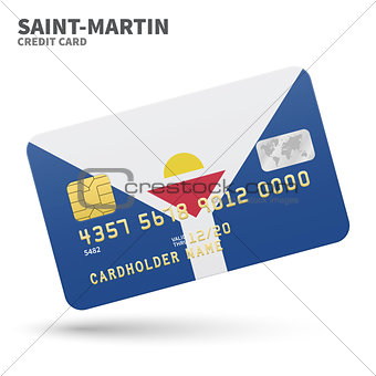 Credit card with Saint-Martin flag background for bank, presentations and business. Isolated on white