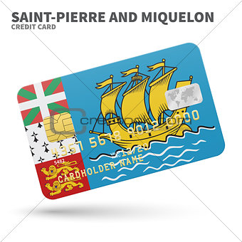 Credit card with Saint-Pierre and Miquelon flag background for bank, presentations, business. Isolated on white