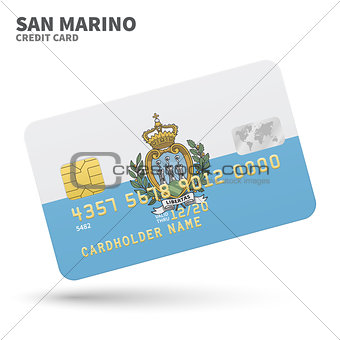 Credit card with San Marino flag background for bank, presentations and business. Isolated on white