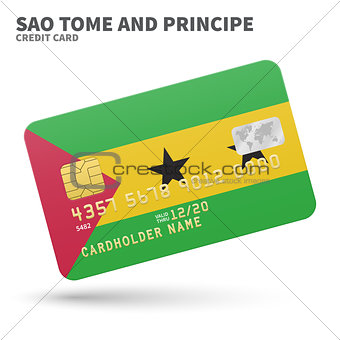 Credit card with Sao Tome and Principe flag background for bank, presentations, business. Isolated on white