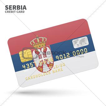 Credit card with Serbia flag background for bank, presentations and business. Isolated on white