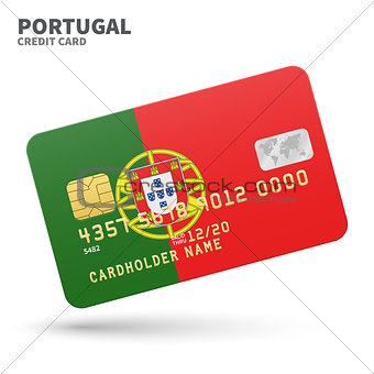 Credit card with Portugal flag background for bank, presentations and business. Isolated on white