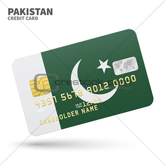 Credit card with Pakistan flag background for bank, presentations and business. Isolated on white