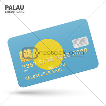 Credit card with Palau flag background for bank, presentations and business. Isolated on white