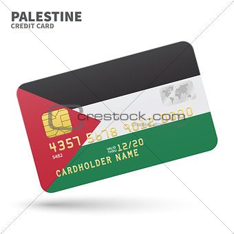 Credit card with Palestine flag background for bank, presentations and business. Isolated on white