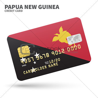 Credit card with Papua New Guinea flag background for bank, presentations and business. Isolated on white