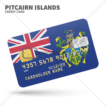 Credit card with Pitcairn Islands flag background for bank, presentations and business. Isolated on white
