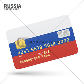 Credit card with Russia flag background for bank, presentations and business. Isolated on white