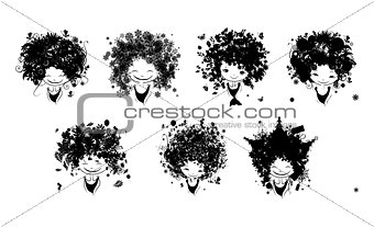 Girl portrait, set of black silhouette for your design