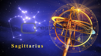 Armillary Sphere And Constellation Sagittarius Over Blue Background