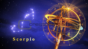 Armillary Sphere And Constellation Scorpio Over Blue Background