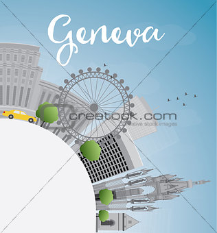 Geneva skyline with grey landmarks, blue sky and copy space.