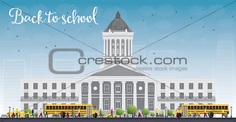 Landscape with school bus, school building and people. 