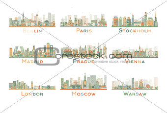 Set of 9 Abstract Europe City Skyline. Vector Illustration.