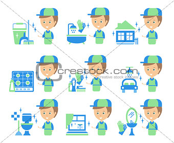 Cleaning Service Man And Finished Tasks Set Of Illustrations