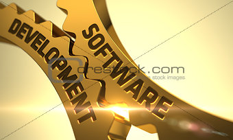 Software Development Concept. Golden Metallic Cogwheels.