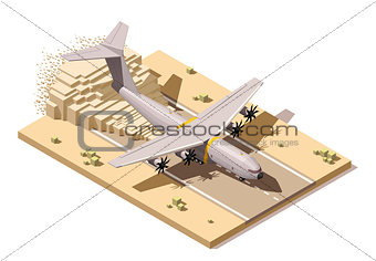 Vector isometric low poly desert airstrip with humanitarian or military cargo airplane landing on dust