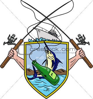 Fishing Rod Reel Blue Marlin Beer Bottle Coat of Arms Drawing