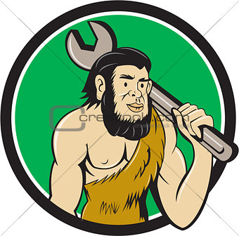 Neanderthal CaveMan With Spanner Circle Cartoon