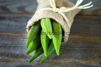 A heap of okra or Lady's fingers in a bag