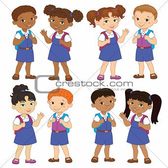 Set boy and girl with backpacks african pupil stay cartoon school india, isolated vector