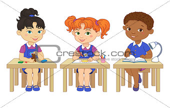 Funny pupils sit on desks read draw clay cartoon illustration